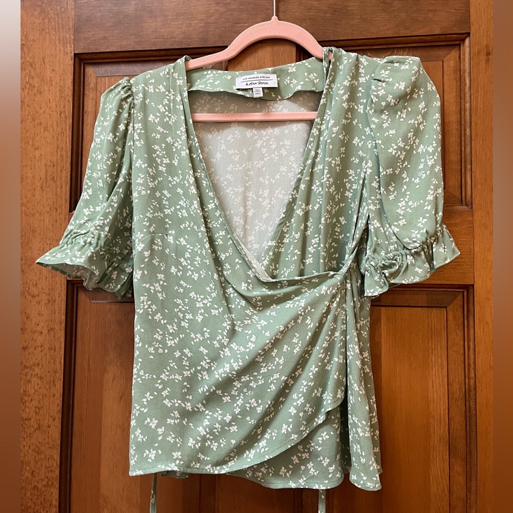 & Other Stories wrap shirt, size 6 sage green with white floral pattern